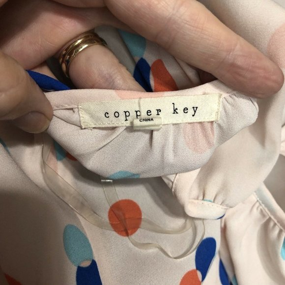 Copper Key Top Womens Sz M Pink Polka Dot Hi-Lo Lace Trim 3/4 Sleeve Blouse - Picture 12 of 12